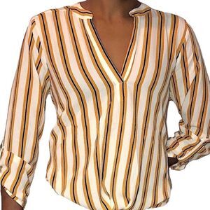 NWT NOTATIONS Off White Beige Cream Orange  Black Lines Long Sleeves Blouse